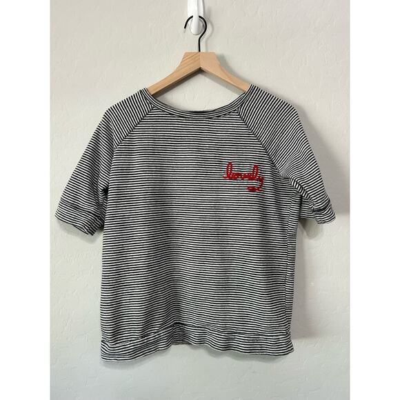 Loft Striped Short Sleeve Embroidered Lovely Blouse Size M - Picture 2 of 16